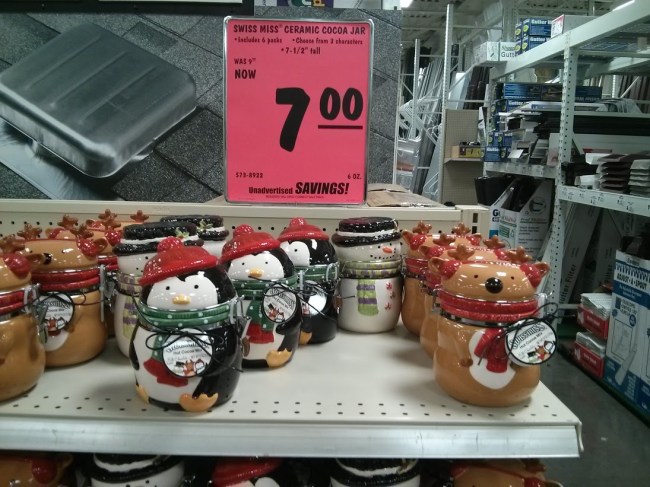 Penguin, reindeer, and snow man decorative jars.
