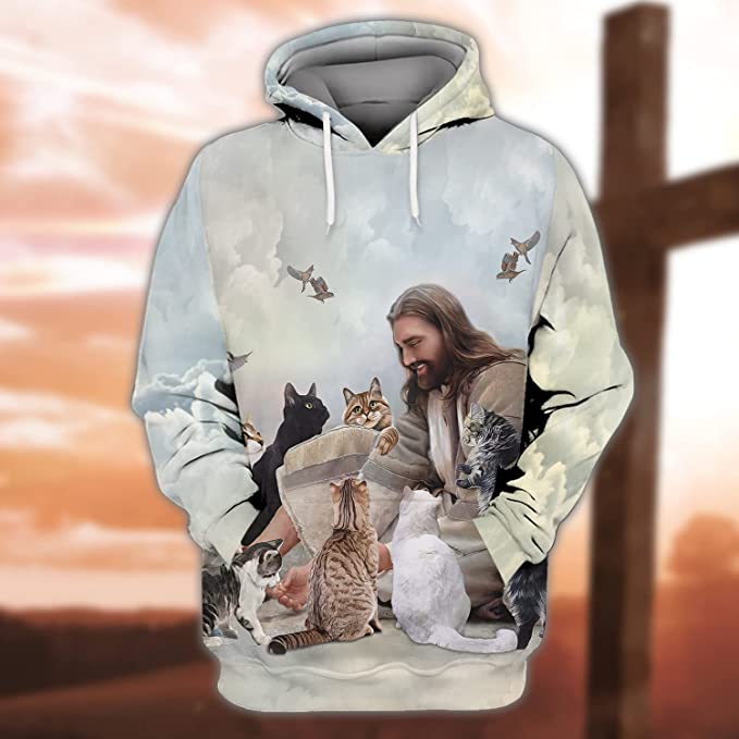 A hooded sweatshirt with a photorealistic image of a smiling Jesus crouching down and playing with a bunch of kitties.