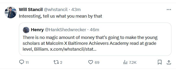 A Will Stancil quote-tweet. Will says "Interesting, tell us what you mean by that" while quote-tweeting someone named @HankShedwrecker saying "There is no magic amount of money that's going to make the young scholars at Malcolm X Baltimore Achievers Academy read at grade level, Billiam."
