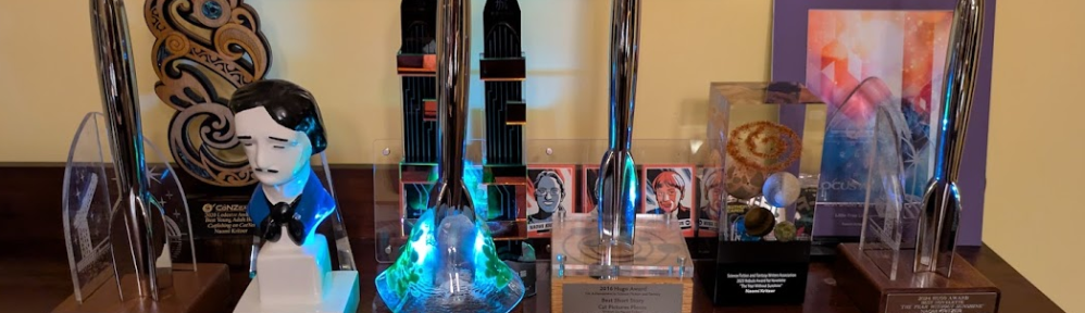 Four Hugos; an Edgar Award; a Nebula Award; a Lodestar Award; two Fishing Fortress Science Fiction Awards (those are a Chinese award); a Locus Award; a WSFA Small Press Award; a print of the cover of the Locus magazine that featured me; a set of "author cards" from McSweeneys that included me (they look like baseball cards.)