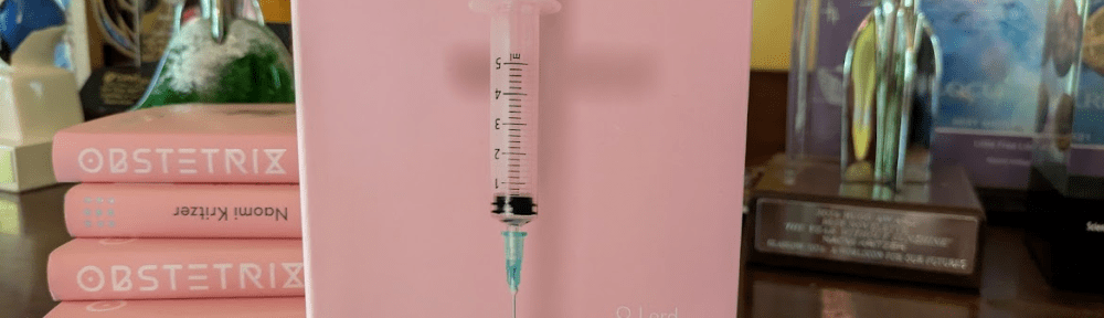 OBSTETRIX -- a pink book that says OBSTETRIX / Naomi Kritzer and has an image of a hypodermic syringe casting the shadow of a cross. In small white text it says, "O Lord, Deliver Us."